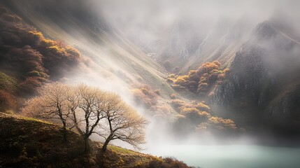 Fototapeta premium Misty autumn valley lake sunrise landscape photography