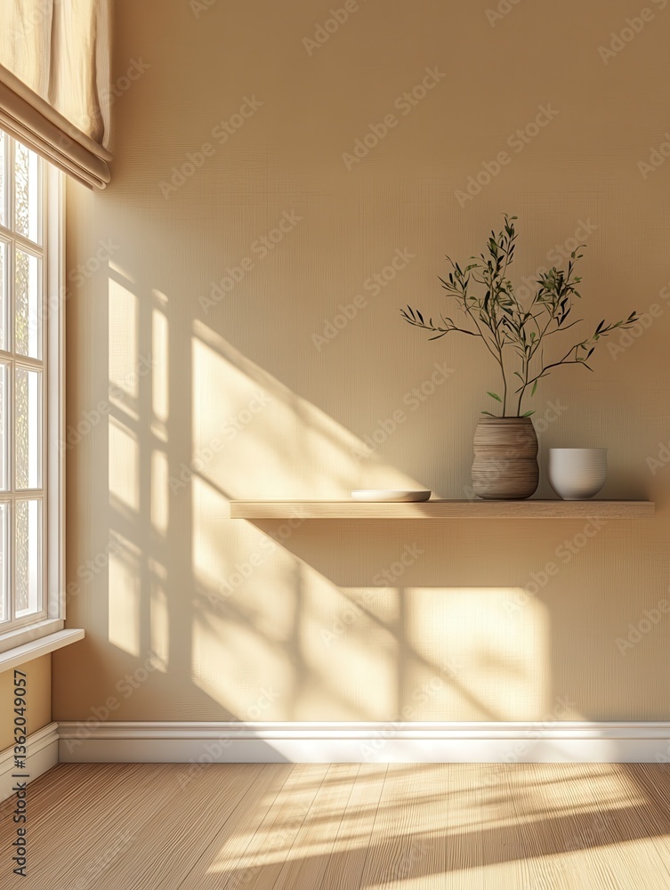 Poster living room interior with empty shelf and window. mockup of empty wall.