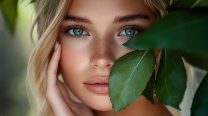 Fototapeta premium Womans face framed by leaves