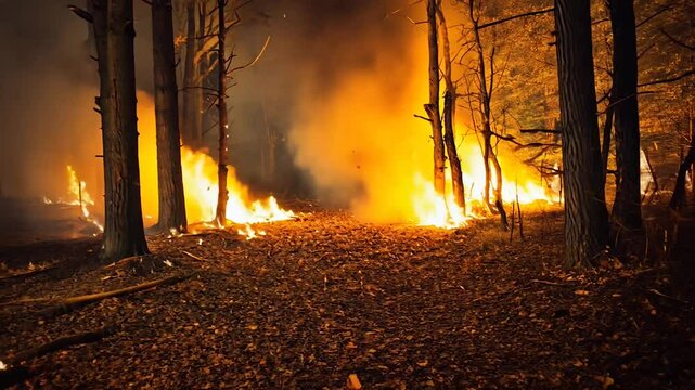 Forest engulfed in fierce flames, trees charred, smoke rising ominously