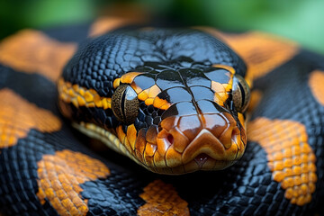 Obraz premium Beautiful black and orange snake coiled, looking forward, with detailed scales and bright colors