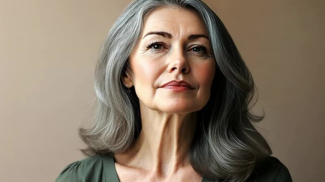 Portrait of mature beautiful woman with perfect smooth skin over beige background