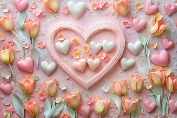 A pastel arrangement of hearts and tulips creating a romantic and soft valentine's day background art