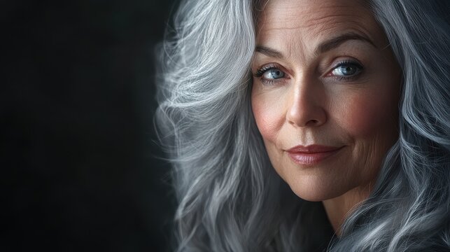radiant older woman with luxurious gray hair closeup portrait emphasizing natural beauty soft lighting highlights healthy skin and joyful expression celebrating aging gracefully and selfcare