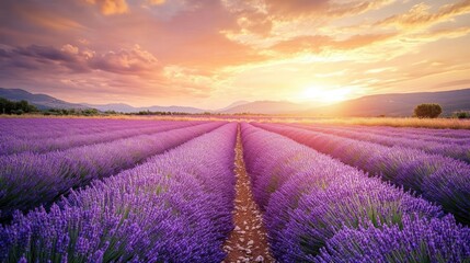 Obraz premium A serene lavender field bathed in the warm glow of the sunset in Provence France