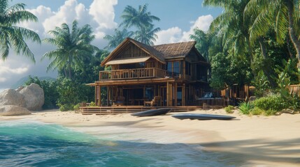 Fototapeta premium Tranquil beach scene featuring a wooden house surrounded by palm trees