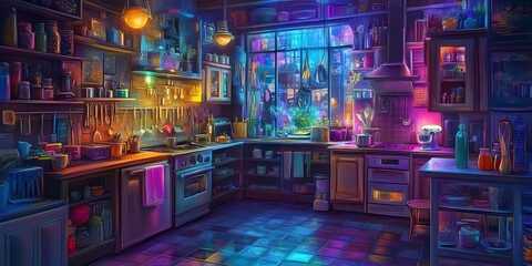 Vibrant, neon-lit kitchen at night.  Magical, whimsical atmosphere.  Full of colorful bottles, cookware, and enchanting details.