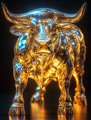 Obraz premium A detailed golden bull statue against a dark background is shown