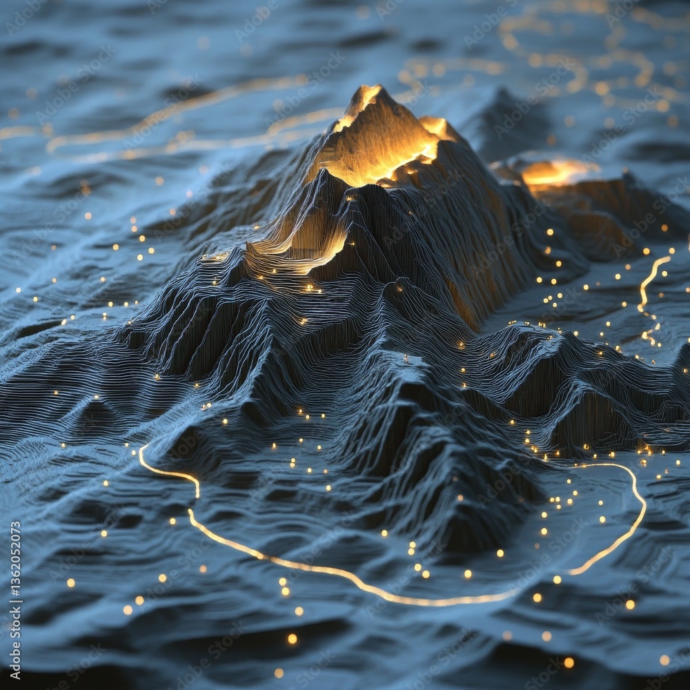 Leinwandbilder Abstract Topography: A Network of Light Traversing Through Layered Peaks and Valleys in a Digital Landscape.