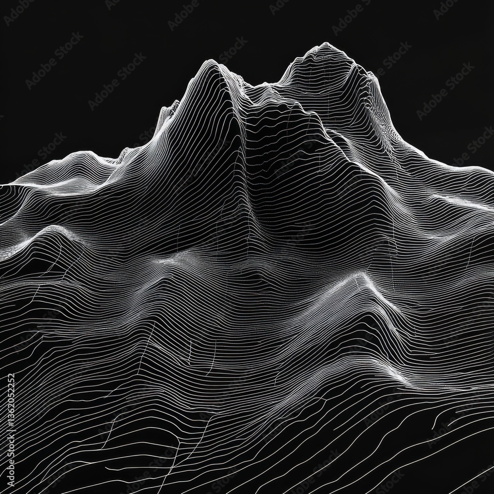 Aufkleber abstract topography: white contour lines depicting a mountainous landscape against a dark background