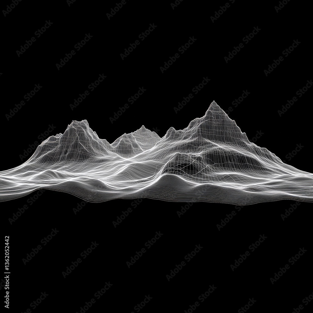Leinwandbilder abstract wireframe landscape: 3d mountain range visualization on a black background