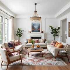 Fototapeta premium A cozy yet modern living room with a combination of mid-century modern furniture, a statement rug, vibrant throw pillows, and a bold statement chandelier,