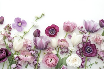 Assortment of purple pink and white flowers arranged on a white background creating a floral border look