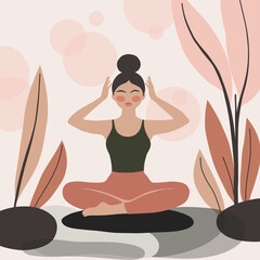 Minimalist flat style illustration of a woman practicing yoga in a calm environment with abstract plants. Aesthetic and peaceful composition with warm earthy tones.