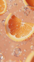 A few orange slices and bubbles floating in the water, close-up of oranges, light orange background,