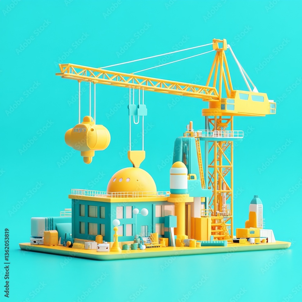 Poster architectural model: a colorful construction site with crane and building components on a bright tur