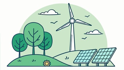 Wind power station with wind turbines and solar panels in a green landscape