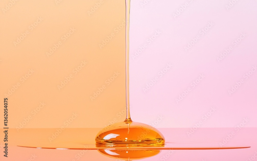 Poster amber liquid pouring onto a surface, creating a puddle. the background features a split peach and pi