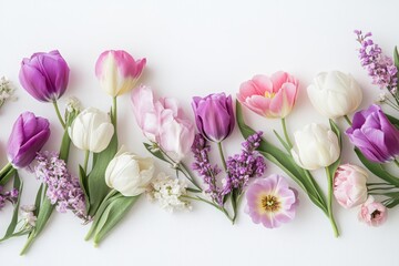 Obraz premium A beautiful arrangement of tulips and other flowers in shades of purple pink and white on a light background
