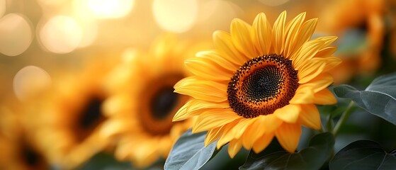 Fototapeta premium Beautiful golden sunflowers with bright yellow petals on display