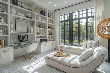 Modern Zen-Inspired Home Office with Built-in Bookshelves, Glass Desk, and Gray Daybed. White Walls, Black Trim, and Gold Accents for a Stylish Interior.