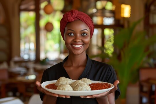 Young woman with bright smile, wearing red turban, holding plate of amala, yam-flour dumpling dish, bowl of curry. Concept of warmth, comfort, and amala in cozy setting.