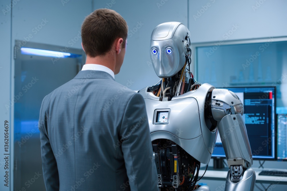 Poster futuristic interaction: businessman engages with advanced robot in high-tech laboratory