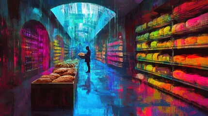 Obraz premium Colorful wine cellar with lone shopper buying freshly baked goods in artistic rendering