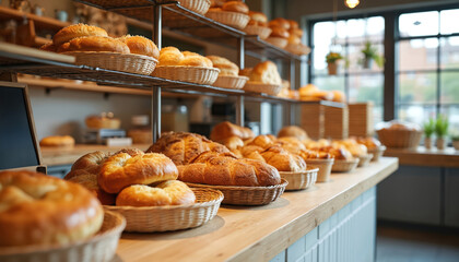 Bakery display offers assorted fresh pastries bread. Tempting selection of baked goods on shelves. Delightful arrangement of delicious sweet savory items. Variety of bakery shop products, artisan,