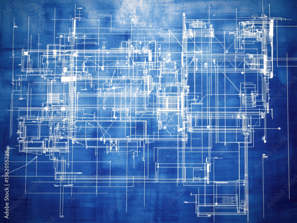 Poster a detailed blueprint-style design representing complex technological systems and connections through