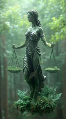 Blindfolded woman statue holding scales, covered in moss and foliage, in a blurred green forest