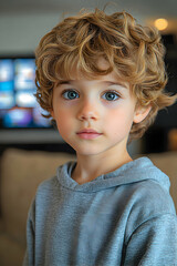 Blond curly haired boy, blue eyed, grey hoodie, soft focus background