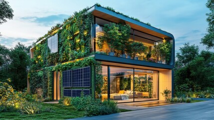 Fototapeta premium Modern eco-friendly house surrounded by lush greenery at sunset
