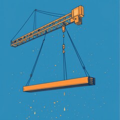 Crane Lifting Beam Against a Blue Backdrop with Orange Splatter, Minimalist Construction Scene.