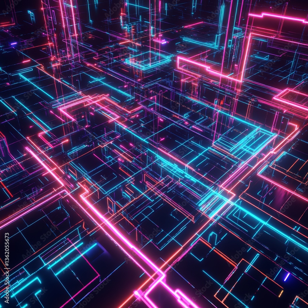Poster cybernetic gridscape: abstract neon lines intersecting in a futuristic matrix on a deep black backgr
