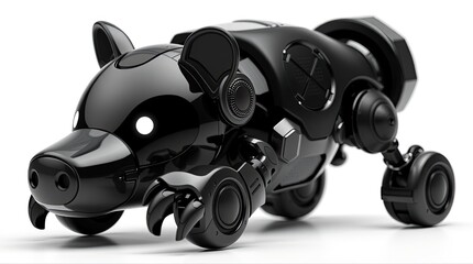 Sleek robotic pig features glossy black design and bright eyes