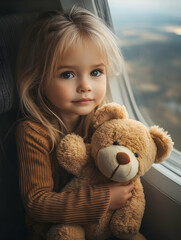 Blonde girl, looking at camera, holding a teddy bear near plane window