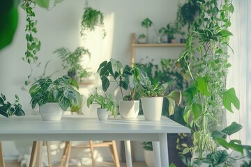 Indoor Plants on White Table, Home Decor, Potted Greenery, Bright and Airy, Natural Light