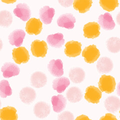 Abstract seamless pattern, background with orange, pink, yellow watercolor shapes and stains. Repeating vector design for print