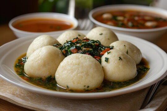 Close-up of amala served with chutney-like filling on wooden plate. Concept of amala highlights yam-flour dumpling dish in inviting indoor setting.