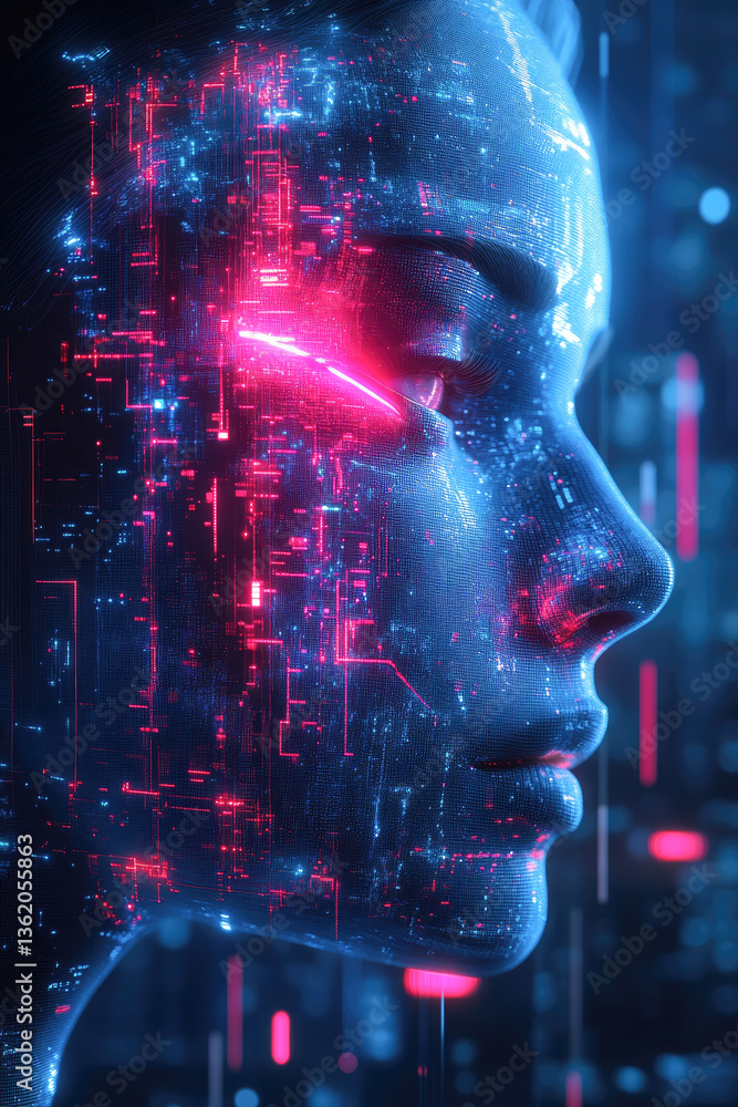 Poster an artistic representation of a face embedded with digital circuitry, exploring the intersection of 