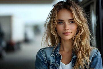 Blonde wavy hair, blue eyes, wearing a denim jacket, soft focus background