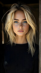 Blonde woman framed by weathered wood, black shirt, piercing blue eyes