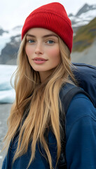 Blonde woman in red beanie