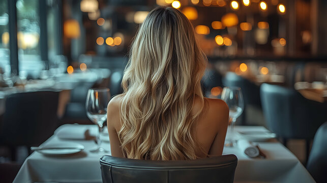 Blonde woman's back in upscale restaurant Interior view, soft lighting, elegant table setting
