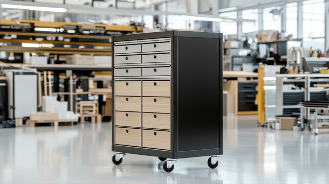 Modern industrial storage cabinet with multiple drawers in a well-lit workshop environment.