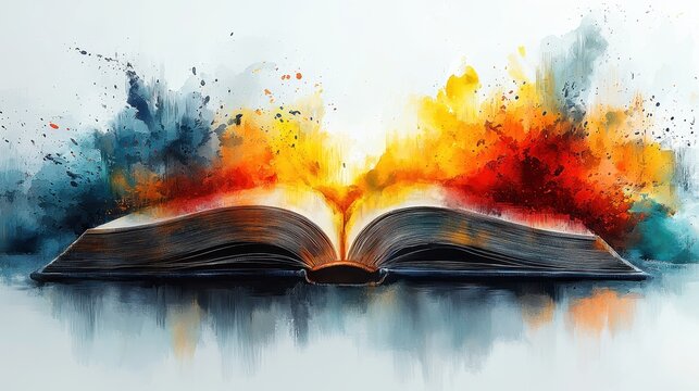 A whimsical watercolor rendering of an open book, adorned with a vibrant, abstract design that seems to pulsate with generative AI energy, inviting the viewer to step into a world where imagination 