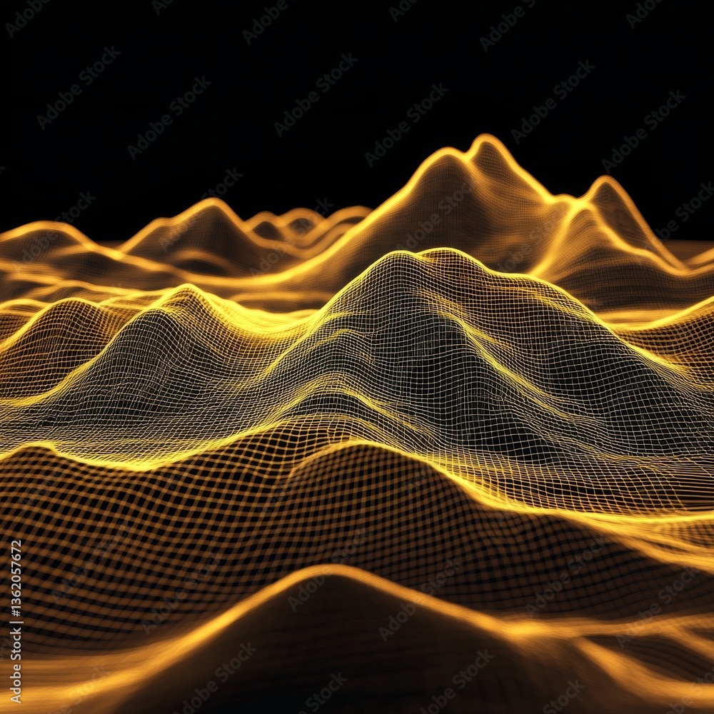 Poster golden grid terrain: digital landscape with abstract wireframe mountains on black background