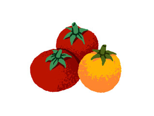 Icon of red and yellow tomatoes. Fresh vegetables, natural veggies. Healthy food with vitamins. Autumn farm harvest, agriculture crop. Flat isolated hand drawn vector illustration on white background