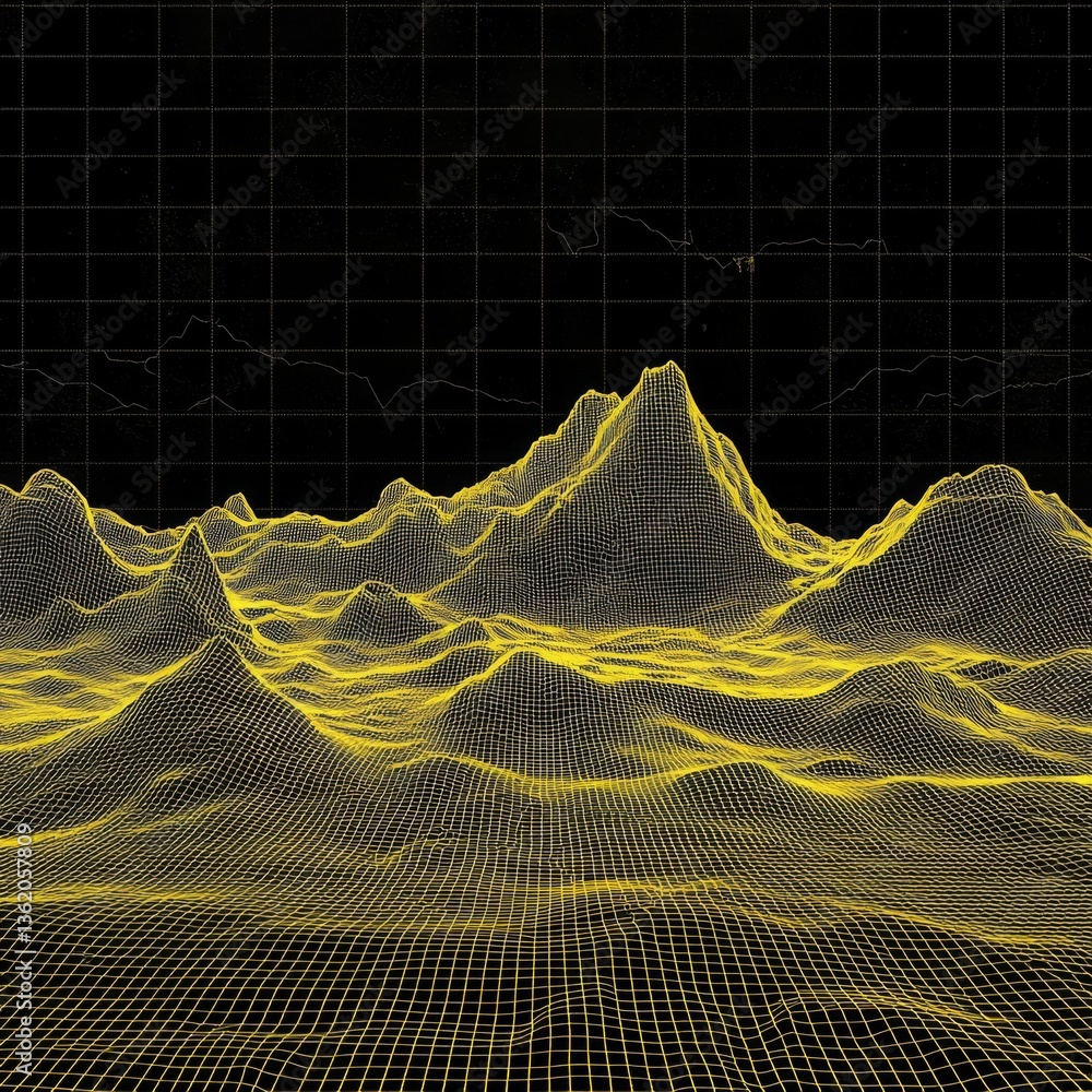 Leinwandbilder golden wireframe landscape on black grid: a digital topography illustration with abstract data visua
